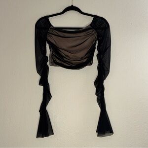 SHEIN Black Sheer Ruched Long-Sleeve Crop Top